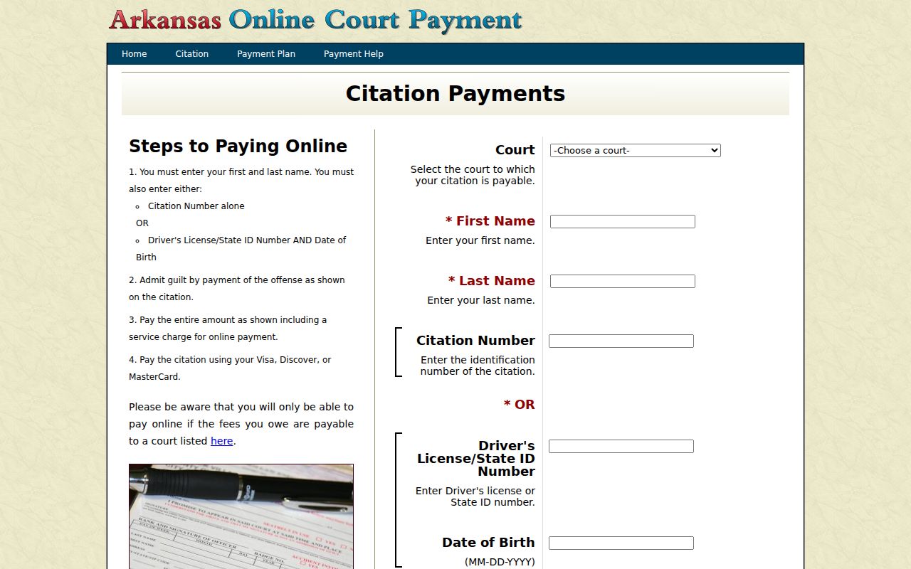 Cleveland County traffic warrant citation payment fields